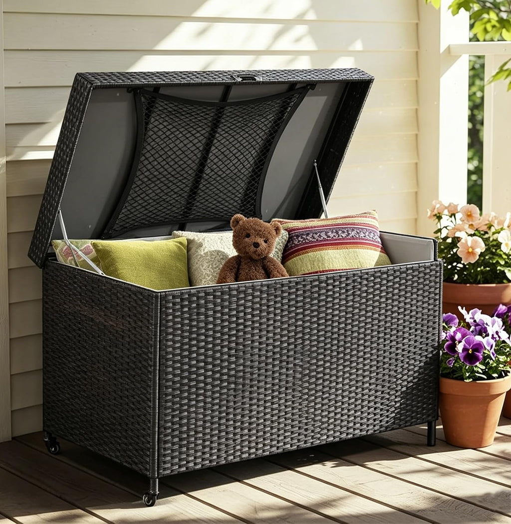 Wheeled Black Wicker Deck Box