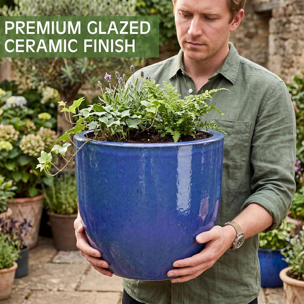 Blue Large Round Ceramic Planter