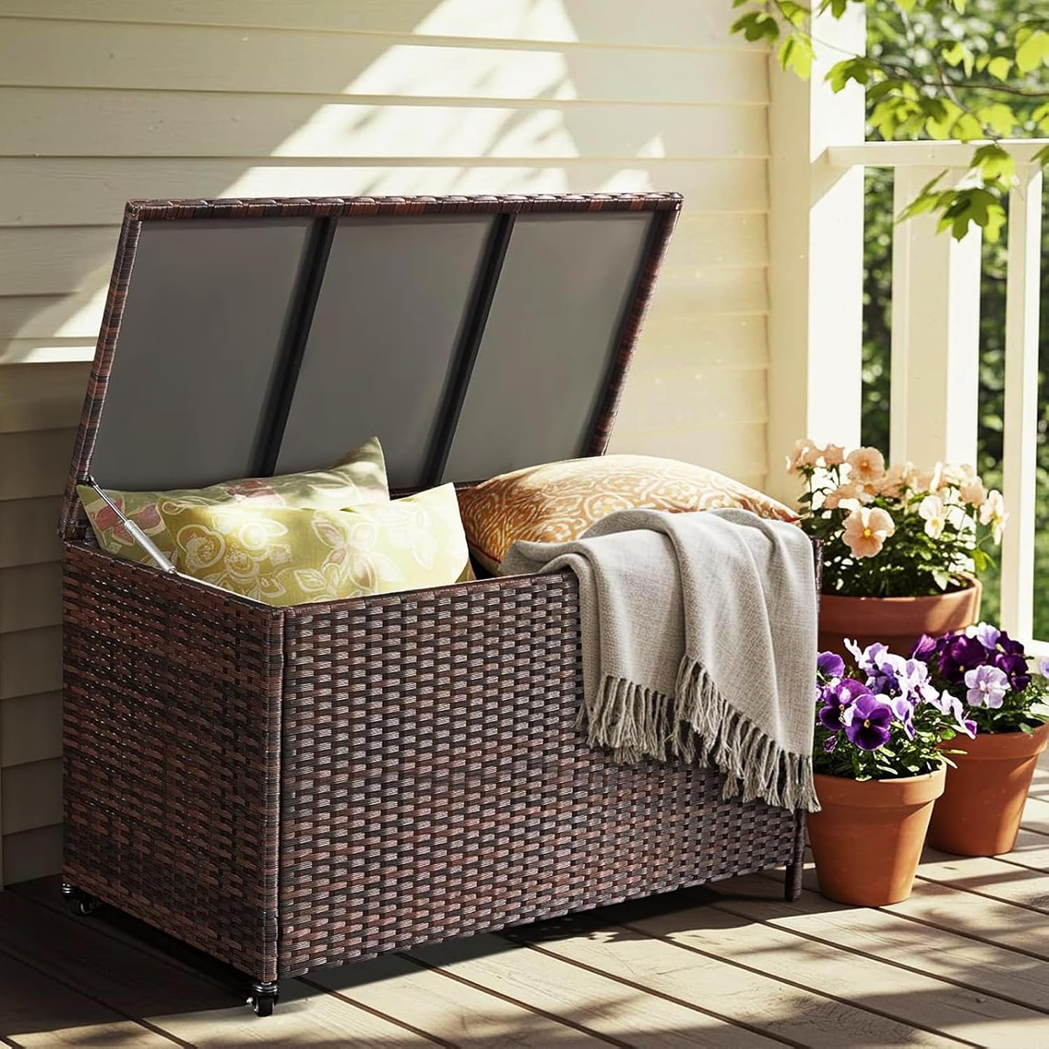 Wheeled Brown Wicker Deck Box