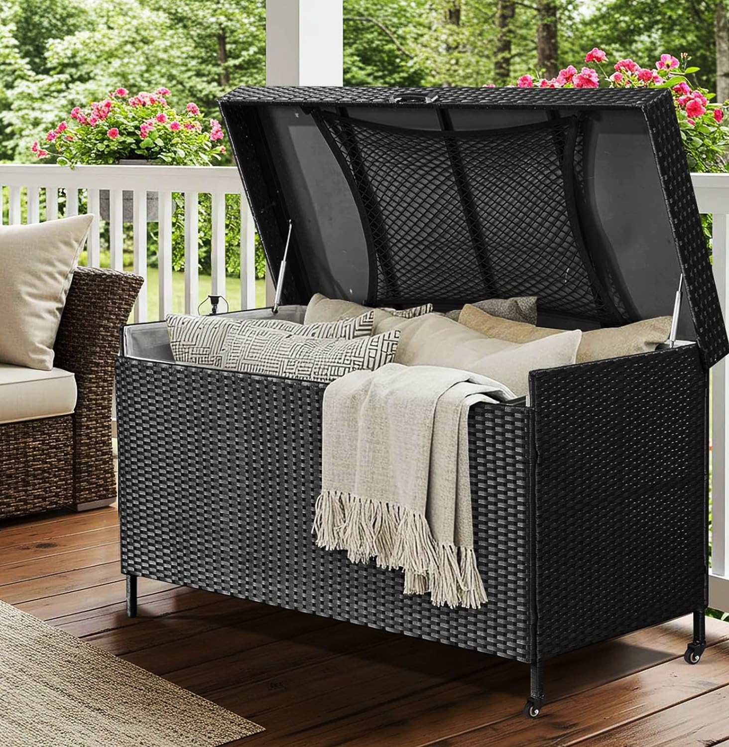 Wheeled Black Wicker Deck Box