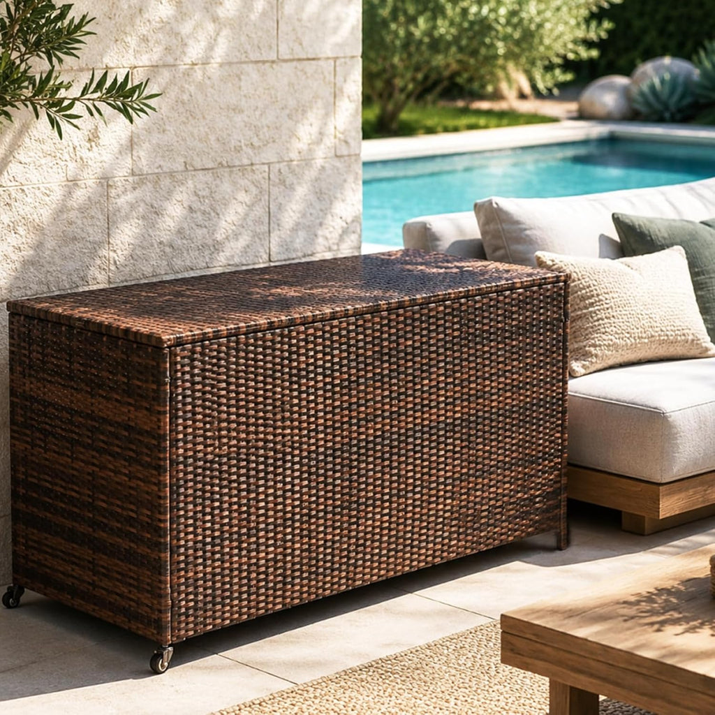 Wheeled Brown Wicker Deck Box